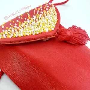 Vintage COMECO Red Yellow Evening Beaded Purse Tassel Crossbody Strap